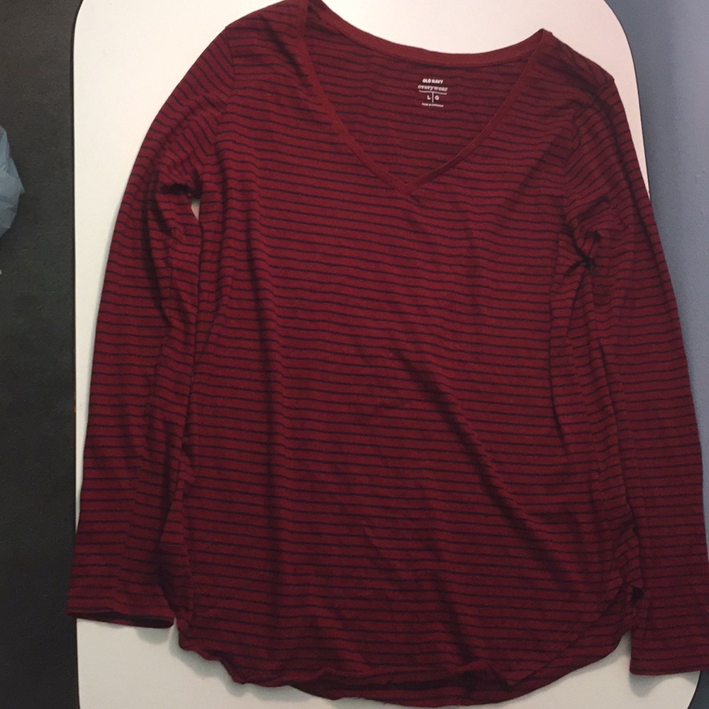Red long sleeve shirt with navy stripes